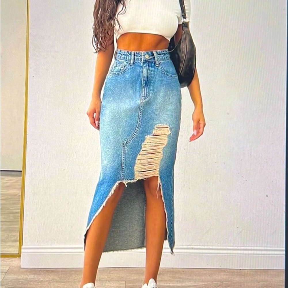 Whats's Hot!! Super Cute Boho Asymmetrical Midi Distressed Denim Skirt! 🛍️😍🔥 - Picture 6 of 14